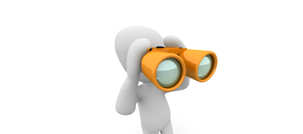 Eine generierte Figur hält mit einem orangenen Fernglas Ausschau