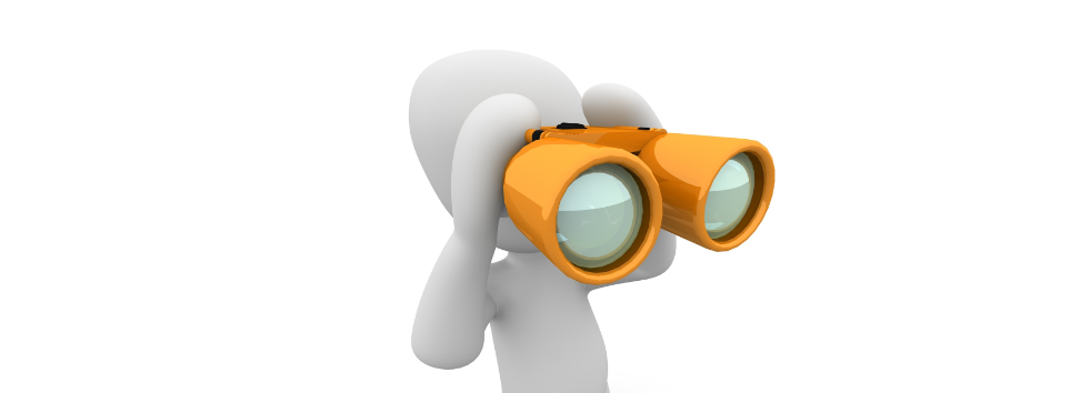 Eine generierte Figur hält mit einem orangenen Fernglas Ausschau