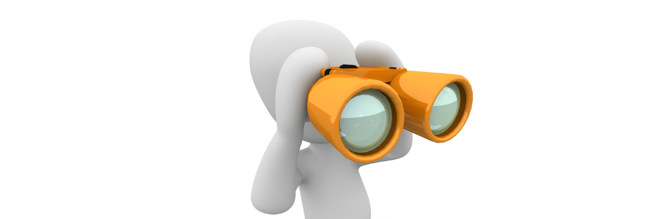 Eine generierte Figur hält mit einem orangenen Fernglas Ausschau